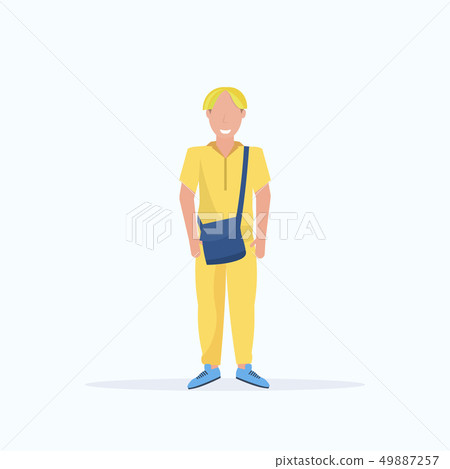 happy casual man with dyed hair standing pose smiling guy wearing trendy clothes holding handbag happy casual man with dyed hair standing pose smiling guy wearing trendy clothes holding handbag 49887257