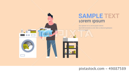 man with clothes basket standing near washing machine guy doing housework laundry room male cartoon man with clothes basket standing near washing machine guy doing housework laundry room male cartoon 49887589