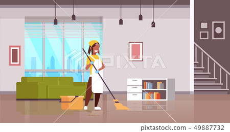 woman in gloves and apron washing floor african american girl using mop housewife doing housework 49887732
