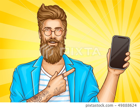 Bearded hipster with tattoos point on smartphone Bearded hipster with tattoos point on smartphone 49888624