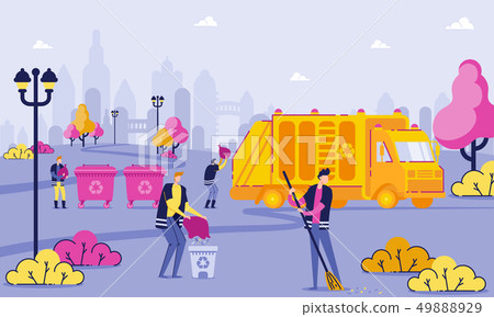 Garbage Collection Workers Clean Park Cartoon Flat Garbage Collection Workers Clean Park Cartoon Flat 49888929