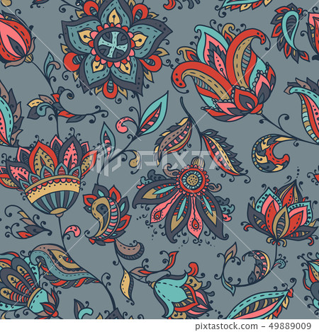 Vector seamless pattern with hand drawn paisley floral elements. 49889009