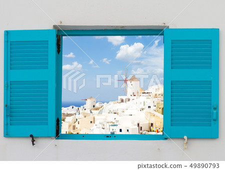 window with windmill of Oia, Santorini window with windmill of Oia, Santorini 49890793
