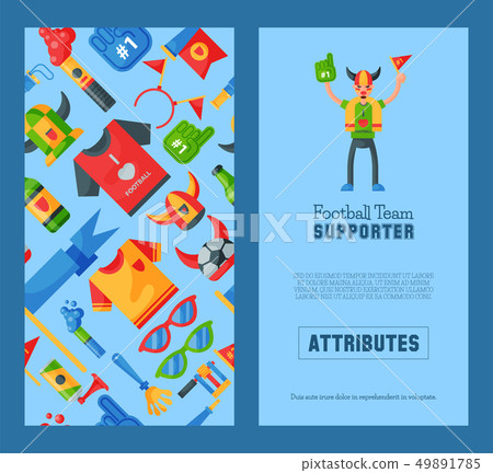 Football team supporter set of banners vector illustration. Soccer sport fan attribute, rooter buff Football team supporter set of banners vector illustration. Soccer sport fan attribute, rooter buff 49891785