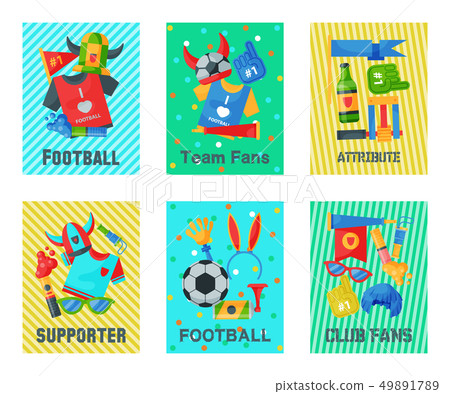 Football fan attributes set of cards, banners vector illustration. Soccer sport fan attribute rooter Football fan attributes set of cards, banners vector illustration. Soccer sport fan attribute rooter 49891789