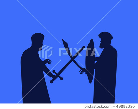 The battle of swords. Silhouette of two men The battle of swords. Silhouette of two men 49892350