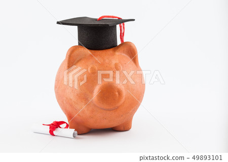 Piggy bank with graduation cap isolated 49893101