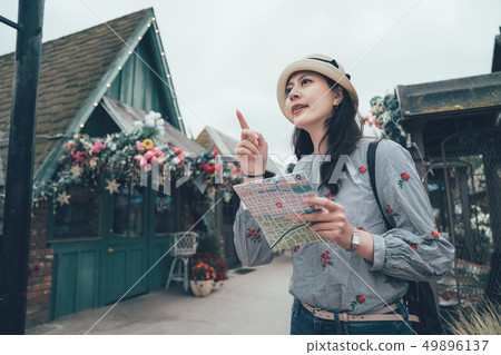 tourist girl with map in hand pointing finger 49896137