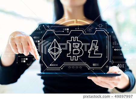 Cryptocurrency - Bitcoin, Ethereum, Litecoin with woman using tablet Cryptocurrency - Bitcoin, Ethereum, Litecoin with woman using tablet 49897997