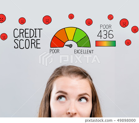 Poor credit score theme with young woman Poor credit score theme with young woman 49898000