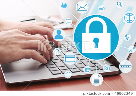 Image of Internet security system and protection of personal information. A man who uses a laptop. 49902349