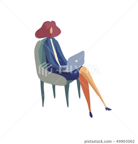 Business woman in a suit working on a laptop. Vector illustration. 49903002