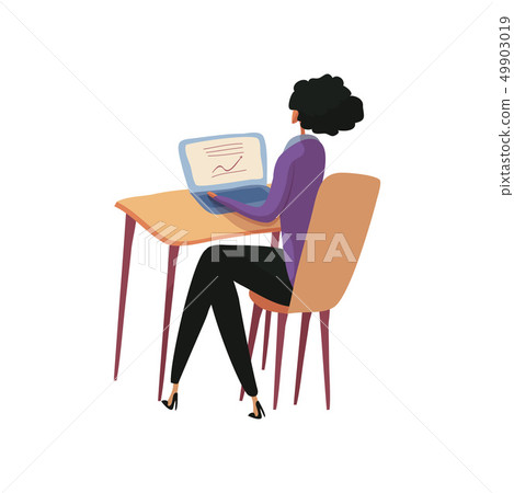 Business woman in pants and jacket working on a laptop. Vector illustration. 49903019