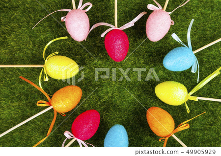 Easter eggs on green grass. Easter eggs on green grass. 49905929