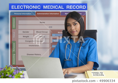 Female doctor with patient blank form of Female doctor with patient blank form of 49906334