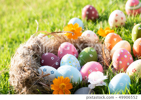 Happy easter! Closeup Colorful Easter eggs Happy easter! Closeup Colorful Easter eggs 49906552