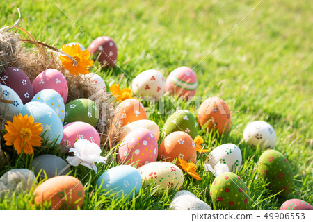 Happy easter! Closeup Colorful Easter eggs Happy easter! Closeup Colorful Easter eggs 49906553