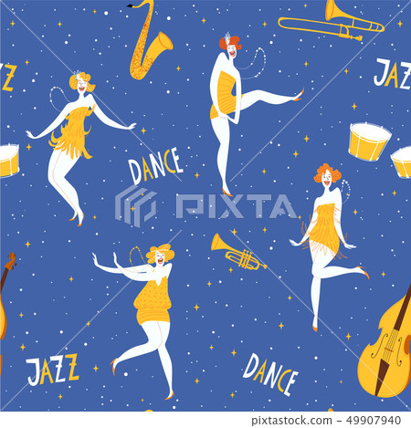 Vector dance seamless pattern with cute dancing women Vector dance seamless pattern with cute dancing women 49907940