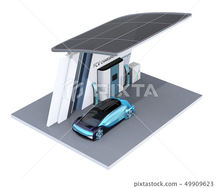 Image of self-operated FCV filling hydrogen gas in hydrogen station equipped with solar panel Image of self-operated FCV filling hydrogen gas in hydrogen station equipped with solar panel 49909623