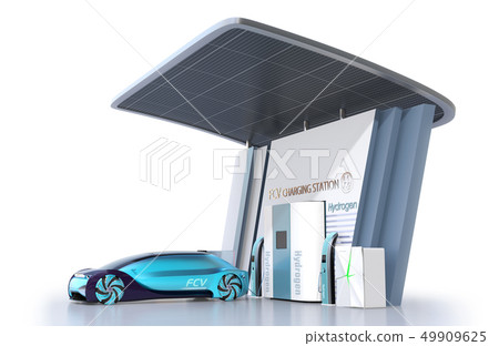 在配備太陽能電池板的氫站中自燃FCV填充氫氣的圖像 49909625