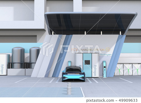 Image of self-operated FCV filling hydrogen gas in hydrogen station equipped with solar panel Image of self-operated FCV filling hydrogen gas in hydrogen station equipped with solar panel 49909633