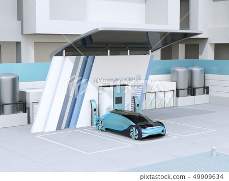在配備太陽能電池板的氫站中自燃FCV填充氫氣的圖像 49909634