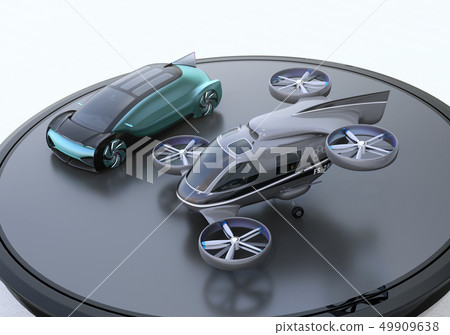 Image of self-driving car and flying taxi on helipad. MaaS concept Image of self-driving car and flying taxi on helipad. MaaS concept 49909638