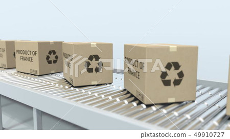 Boxes with PRODUCT OF FRANCE text on roller conveyor. French import or export related 3D rendering 49910727