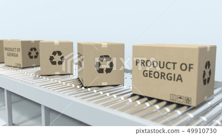 Cartons with PRODUCT OF GEORGIA text on roller conveyor. Georgian import or export related 3D 49910730