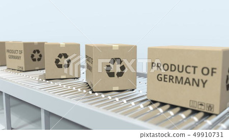 Boxes with PRODUCT OF GERMANY text on roller conveyor. German import or export related 3D rendering 49910731