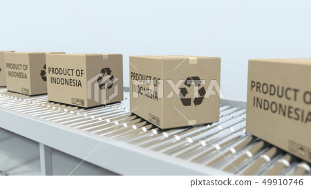 Boxes with PRODUCT OF INDONESIA text on roller conveyor. Indonesian import or export related 3D Boxes with PRODUCT OF INDONESIA text on roller conveyor. Indonesian import or export related 3D 49910746