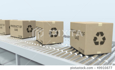 Boxes with PRODUCT OF UAE text on roller conveyor. United Arab Emirates import or export related 3D Boxes with PRODUCT OF UAE text on roller conveyor. United Arab Emirates import or export related 3D 49910877