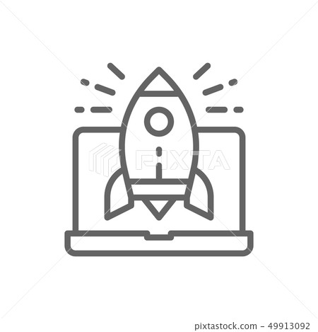Rocket launch from laptop, startup line icon. 49913092