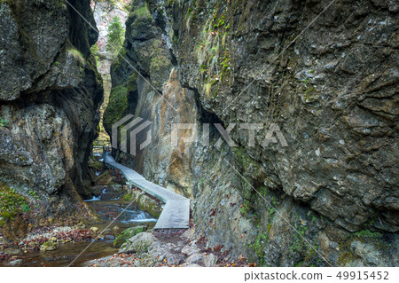 The footbridge over the rocky gorge. 49915452