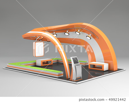3d Illustrated unique creative exhibition stand display design with table and chair, info board 49921442