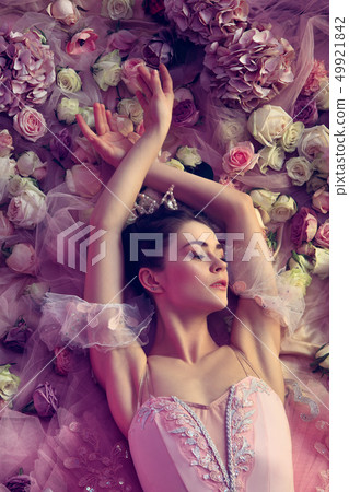 Young woman in pink ballet tutu surrounded by flowers Young woman in pink ballet tutu surrounded by flowers 49921842
