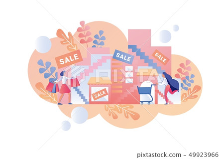 Happy Women go Shopping Mall for Seasonal Sale. 49923966