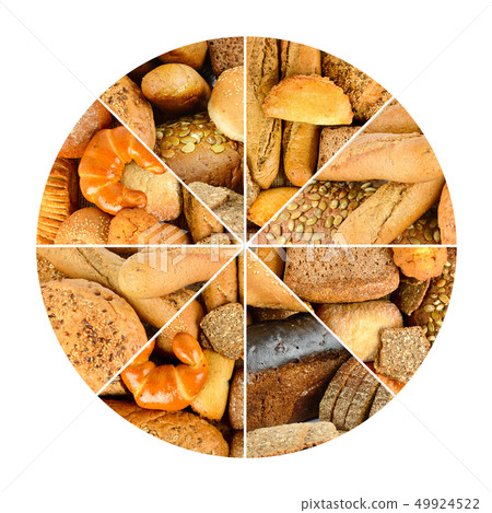 Fresh bread products in circle isolated on white 49924522