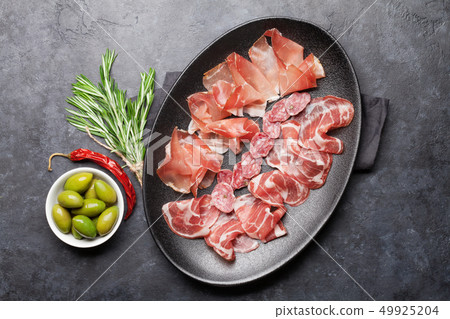 Spanish jamon, prosciutto crudo ham, italian 49925204