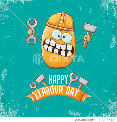 International workers day or labour day greeting card . vector funny cartoon brown smiling worker 49928248