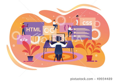 Programmer Character Working on Laptop. Teamwork Programmer Character Working on Laptop. Teamwork 49934489