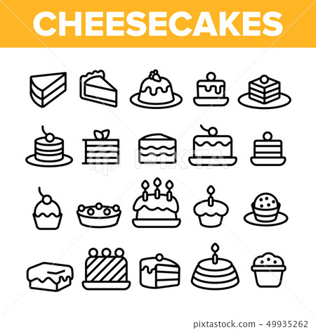 Sweet Cheesecakes, Bakery Linear Vector Icons Set 49935262