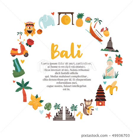 Cartoon illustration with Bali landmarks, symbols 49936703