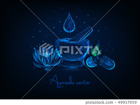 Futuristic ayurveda center concept with mortar, essential oil drop, lotus flower and herbal pills 49937059