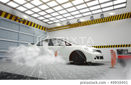 Garege interior with white car and smoke effect Garege interior with white car and smoke effect 49938401