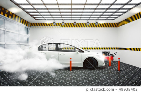 Garege interior with white car and smoke effect Garege interior with white car and smoke effect 49938402