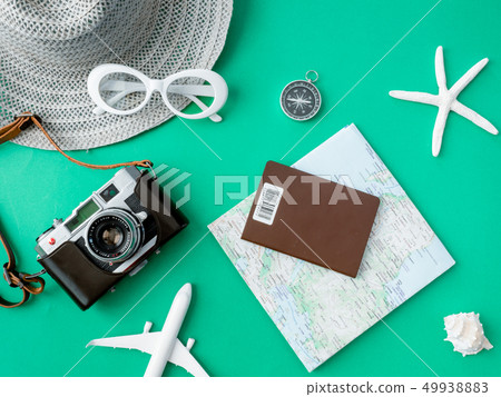 top view travel concept with retro camera films. 49938883