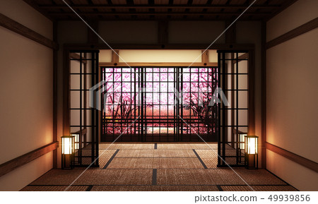 Living room with bonsai tree and low table  49939856