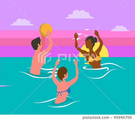 People Splashing in Sea, Playing Volleyball Vector 49946700