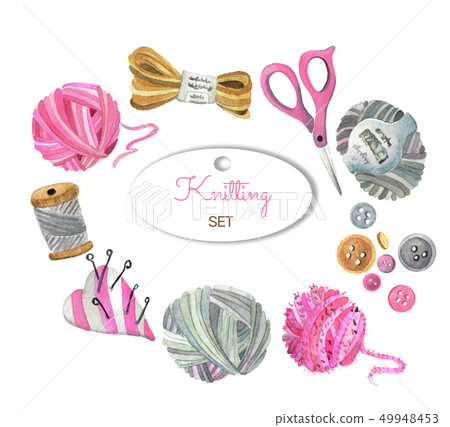 Watercolor set of knitting tools and crafts  49948453